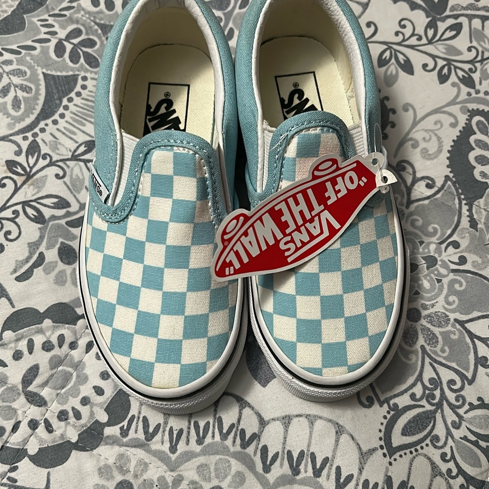 Vans Kids Slip-On Sneakers in Light Blue and White Checkerboard